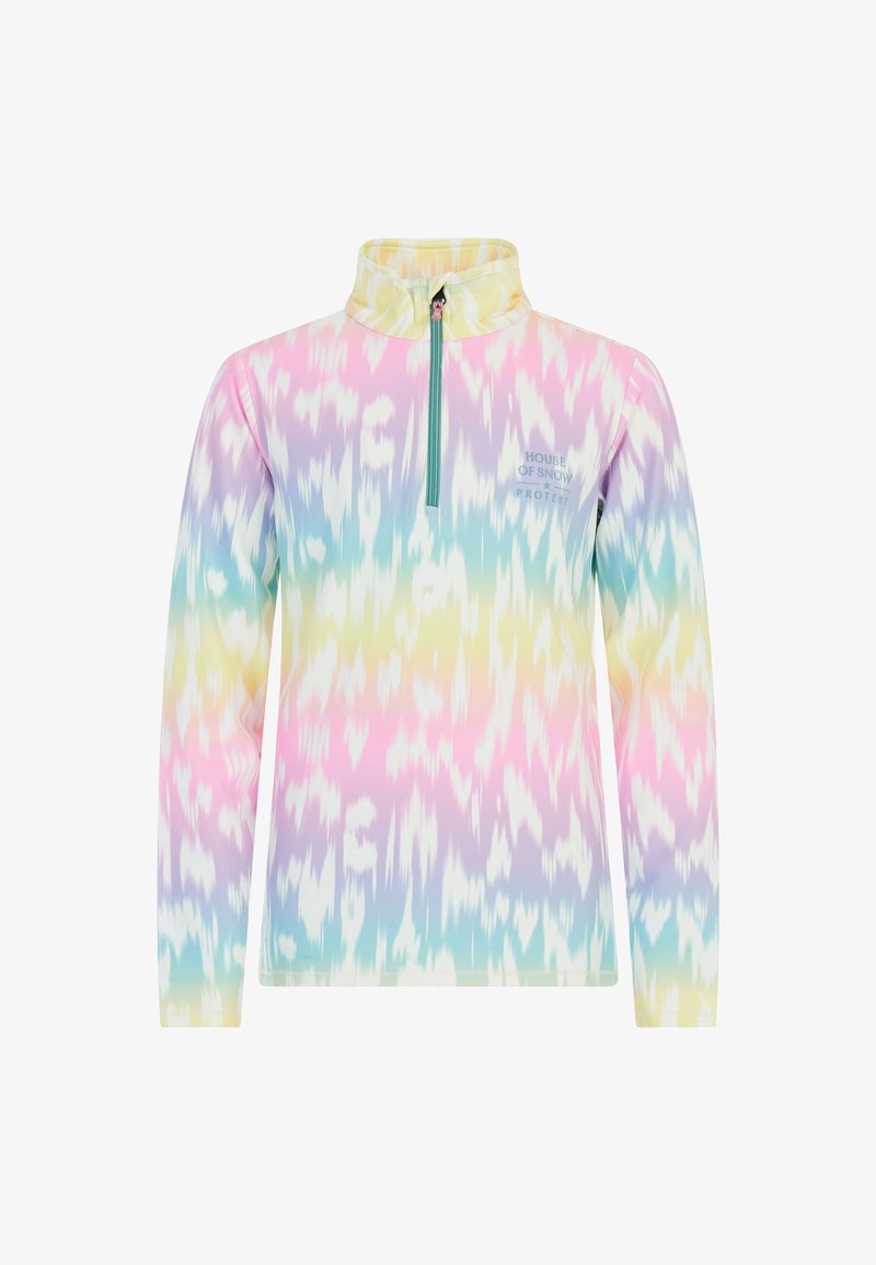 Fleecasti polu-zip pulover s pastelnim tie-dye uzorkom, s visokim ovratnikom, dugim rukavima i prednjim zipom u svijetlop Plavoj boji.