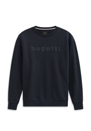 Dark navy sweatshirt with a crew neckline and long sleeves, featuring the word "bugatti" in embossed letters across the front.