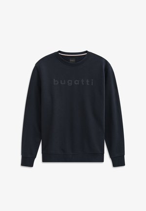 Dark navy sweatshirt with a crew neckline and long sleeves, featuring the word "bugatti" in embossed letters across the front.