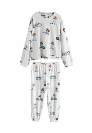 Grå pyjamas set med långa ärmar och elastisk midja. Har ett mönster av tecknat hund i mjuka pastellfärger, tillverkat av lättviktsmaterial.