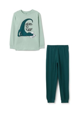 Grünes Langarm-Pyjama-Set mit dem Aufdruck "BEREIT ZU SCHLAFEN" und einem Dinosaurier-Motiv. Passende dunkelgrüne Hose mit elastischem Bund. Weicher Stoff.