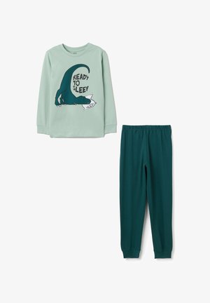 Grünes Langarm-Pyjama-Set mit dem Aufdruck "BEREIT ZU SCHLAFEN" und einem Dinosaurier-Motiv. Passende dunkelgrüne Hose mit elastischem Bund. Weicher Stoff.