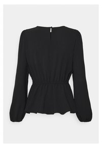 Blouse noire à manches longues avec taille froncée, fermeture bouton à œillet dans le haut du dos, et léger bas peplum.