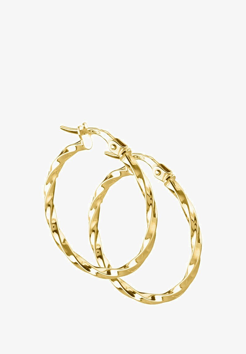Gold hoop earrings with a twisted design. Smooth texture and a shiny finish. Fastening mechanism visible at the top of the earring.