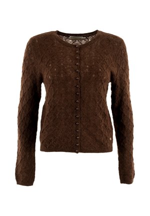 Cardigan lavorato a maglia marrone con un motivo a diamante texturizzato, maniche lunghe, collo rotondo e chiusura frontale con bottoni marroni.