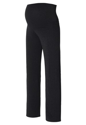 Schwarze Umstandshosen aus dehnbarem Stoff mit glatter Textur, ausgestattet mit einem breiten Bund, der für Komfort während der Schwangerschaft sorgt.