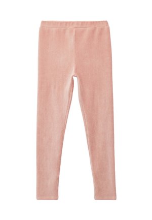 Vaaleanpunaiset legginsit, jotka on valmistettu pehmeästä, samettisesta kankaasta. Niissä on joustava vyötärö, slim fit -malli ja sileät saumat ilman kuvioita tai korostuksia.
