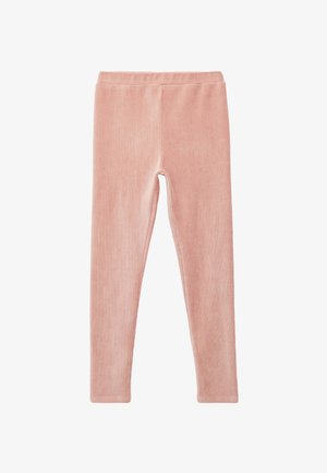 Vaaleanpunaiset legginsit, jotka on valmistettu pehmeästä, samettisesta kankaasta. Niissä on joustava vyötärö, slim fit -malli ja sileät saumat ilman kuvioita tai korostuksia.