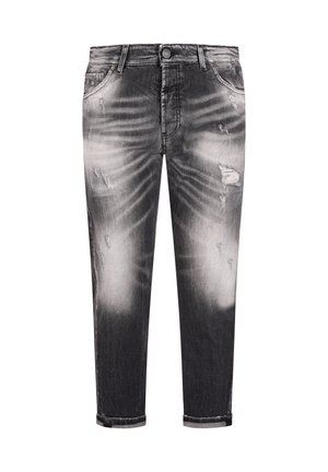 Czarne, wąskie jeansy o wyblakłym wyglądzie z efektem postarzenia, pięcioma kieszeniami, podwiniętymi mankietami i zapięciem na guzik w pasie.