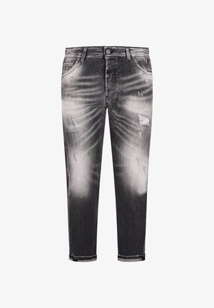 Vaqueros negros descoloridos de corte slim con efectos de desgaste, detalles desgastados, estilo de cinco bolsillos, puños doblados y cierre de botón en la cintura.