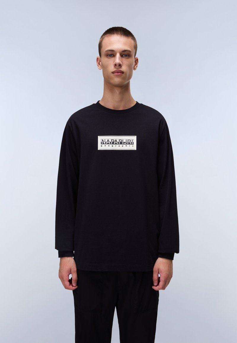 Long-sleeve black t-shirt made of cotton. Features a white rectangular logo on the chest that reads "NAPAPIJRI geographic." Smooth texture.
