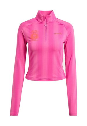 Rosa langärmliges Zip-Up-Oberteil mit einer taillierten Passform, vertikalen Streifen und silbernen Logodetails. Hergestellt aus einem glatten, dehnbaren Material.