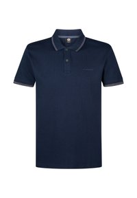 Námorně modré polo tričko vyrobené z texturované látky, má dvouknoflíkovou légu, krátké rukávy se pruhovanými akcenty a decentní logo.