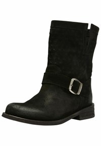 Black suede ankle boot with a round toe, side buckle detail, textured upper, and low stacked heel. Features elastic side inserts for easy wear.