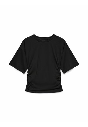 Camiseta negra de manga corta con laterales fruncidos y cuello redondo, colocada sobre un fondo blanco.