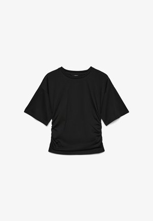 Black short-sleeve shirt with ruched sides and a round neckline, laid flat on a white background.