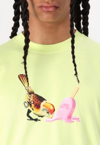 Neonově zelené tričko s potiskem ptáka vedle růžového zmrzlinového pudinku na dřevěném klacku, s logem Nike SB.