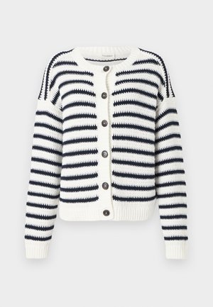 Cardigan tricoté avec des rayures horizontales bleues et blanches, col rond, fermeture à boutons, et poignets et ourlet côtelés.