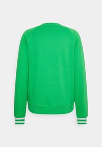 Zelená mikina s kulatým výstřihem, dlouhými raglánovými rukávy a sportovními pruhovanými manžetami. Vyrobena z měkkého materiálu s hladkou strukturou.