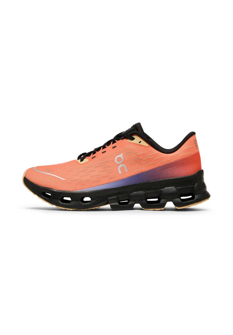 Lightweight running shoe with an orange and black mesh upper, black midsole, and gradient purple accents. Features a cushioned, supportive sole.