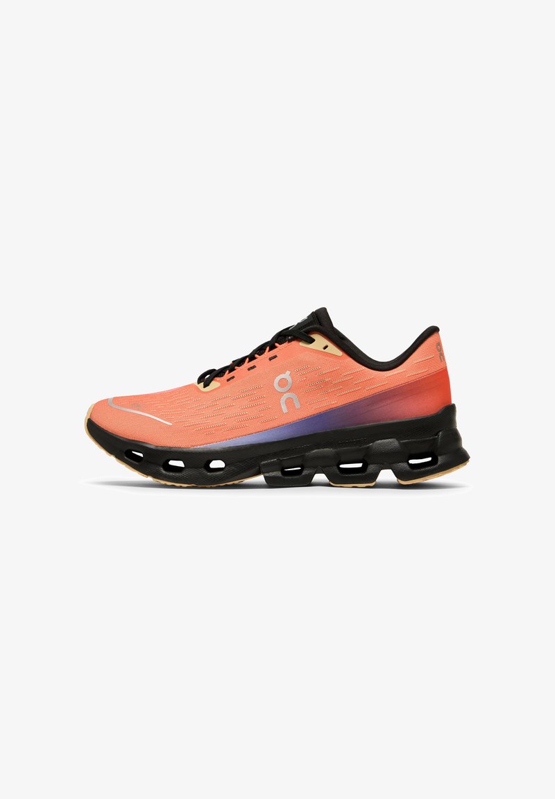 Lightweight running shoe with an orange and black mesh upper, black midsole, and gradient purple accents. Features a cushioned, supportive sole.