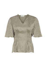 Blusa verde oliva con scollatura a V in tessuto testurizzato, con maniche corte, lati arricciati e un motivo sottile su tutta la superficie.