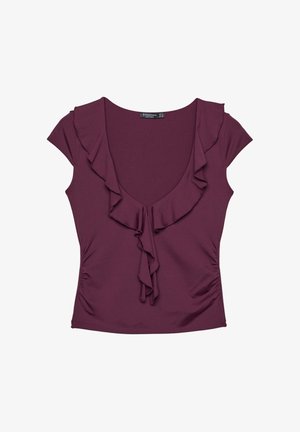 Bordeaux kortärmad topp med djup V-ringning och volangdetaljer, med en figurnära design och rynkade sidor för en skräddarsydd look.
