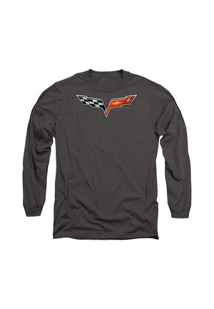 Langärmeliges dunkelgraues Shirt mit schwarz-weiß kariertem Fahnenmotiv und rotem Emblem mit gelbem Fliegen-Logo auf der Brust.