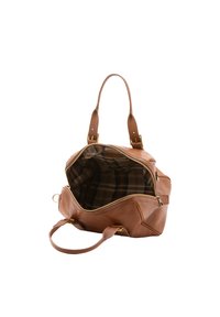 Borsa in pelle marrone con doppi manici, chiusura con zip e interno foderato a quadri. Presenta una forma arrotondata e dettagli di cucitura in evidenza.