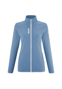 Veste ajustée bleu clair avec col haut, fermeture éclair et accents blancs. Tissu texturé avec des manches longues et logo sur la poitrine et le bras.