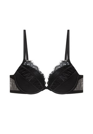 Schwarzer BH aus Spitze und Mesh mit dünnen verstellbaren Trägern und geometrischen Stickdetails auf den Cups, Vorderverschluss und transparenten Seitenpaneelen.