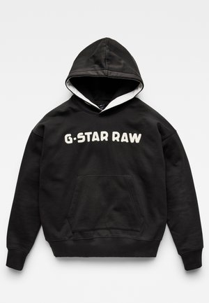 Sort hættetrøje med hvid "G-STAR RAW"-tekst foran og en stor kængurulomme.
