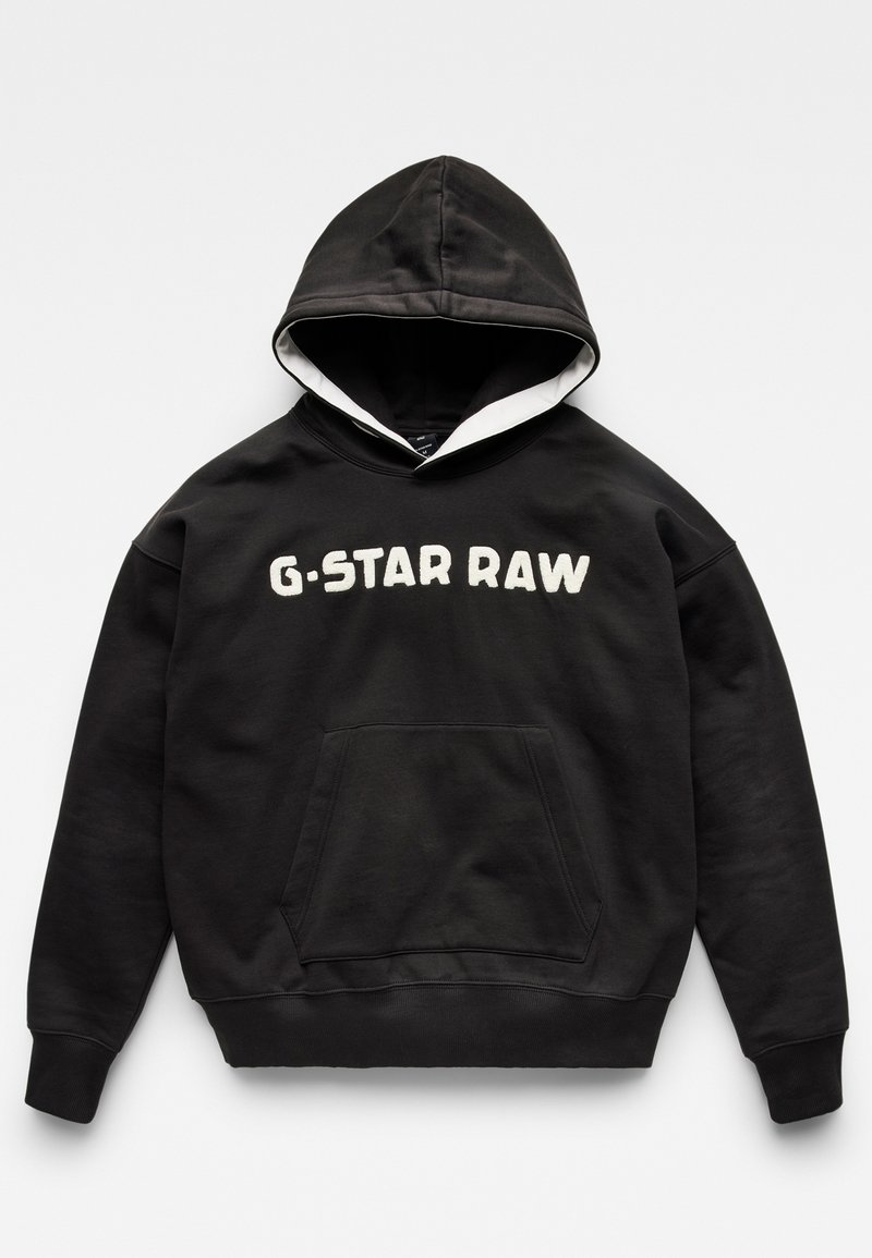 Sweat-shirt à capuche noir avec texte blanc "G-STAR RAW" sur le devant et une grande poche kangourou.