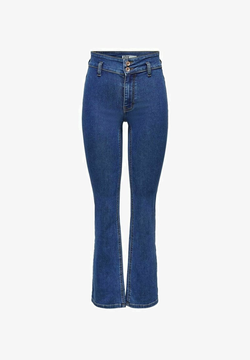 Siniset farkkuleggingsit, joissa on korkea vyötärö, edessä kaksi nappia, vetoketju ja pystysuorat saumat lahkeissa.