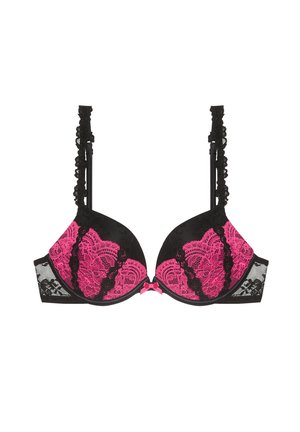 Schwarzer und rosa Spitzen-BH mit Blumendrucken, gezackten Spitzenriemen und einer kleinen Schleife in der Mitte.