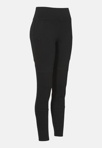 Zwarte leggings met een hoge tailleband, zijzakken en gestikte details. Gemaakt van een gladde, rekbare stof voor comfort en flexibiliteit.