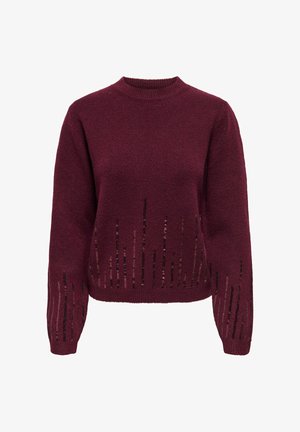 Bordeaux gebreide trui met een ronde hals, voorzien van verticale uitsparingen en geribde manchetten. Zachte textuur met een casual pasvorm.