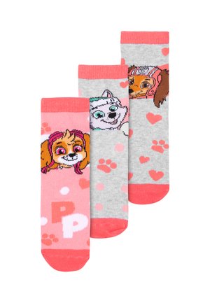 Tre paia di calzini con personaggi di cartoni animati di cani, nei colori grigio e rosa, con motivi a cuore e polsini a contrasto.