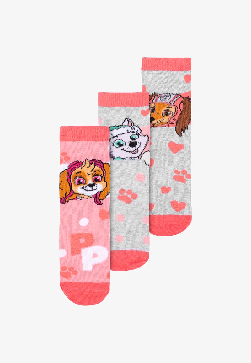 Tre paia di calzini con personaggi di cartoni animati di cani, nei colori grigio e rosa, con motivi a cuore e polsini a contrasto.