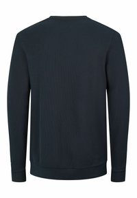 Donkerblauwe sweatshirt met lange mouwen, gestructureerd oppervlak, ribgebreide kraag en manchetten, en een rechte zoom. Geen zichtbare logo's of patronen.