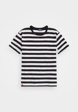 Schwarz-weißer, gestreifter T-Shirt mit kurzen Ärmeln, Rundhalsausschnitt und roten Logodetails am Saum. Aus Baumwollmaterial, klassischer Schnitt.