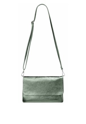 Green leather crossbody bag with a textured finish, flat rectangular shape, adjustable strap, and magnetic flap closure.