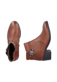 Botas de cuero marrón hasta el tobillo con cremallera lateral, tacón cuadrado bajo, hebilla decorativa y costuras en la parte superior. Forro interior.