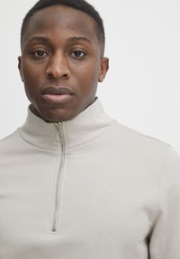 Light gray zip-up sweatshirt with a high collar, featuring a metallic zipper and smooth texture. Details include a fitted design and no visible patterns.