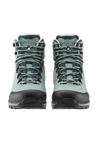 Scarponi da trekking con tomaia sintetica verde chiaro e punta in gomma nera, dotati di occhielli metallici e lacci piatti per una vestibilità sicura.