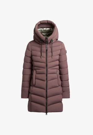 Lange mauve gewatteerde winterjas met grote capuchon, volledige rits aan de voorkant, zijzakken en verstelbare gaskabels op de capuchon.
