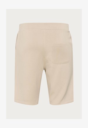 Beige Baumwollshorts mit einem schlichten Design, elastischem Bund und einer einzelnen Gesäßtasche. Glatte Textur und lockere Passform.