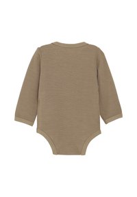 Långärmad baby bodysuit i mjukt, taupe-färgat tyg med en slät yta och rund halsringning, med en enkel design utan mönster.