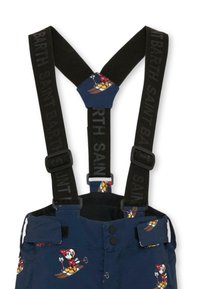 Marine overalls met zwarte verstelbare bretels, voorzien van de tekst "Saint Barth" en een cartoonprint van een personage dat op de voorkant aan het skiën is.