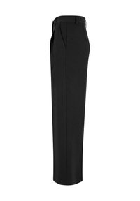 Black straight-leg dress trousers with belt loops, side pockets, and a front crease, shown from the side on a white background.